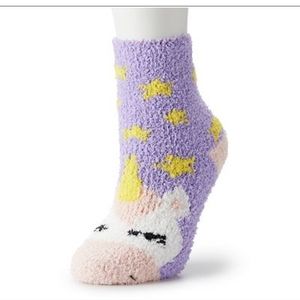Unicorn Cozy Fluffy Crew Socks Yellow Stars Lavender